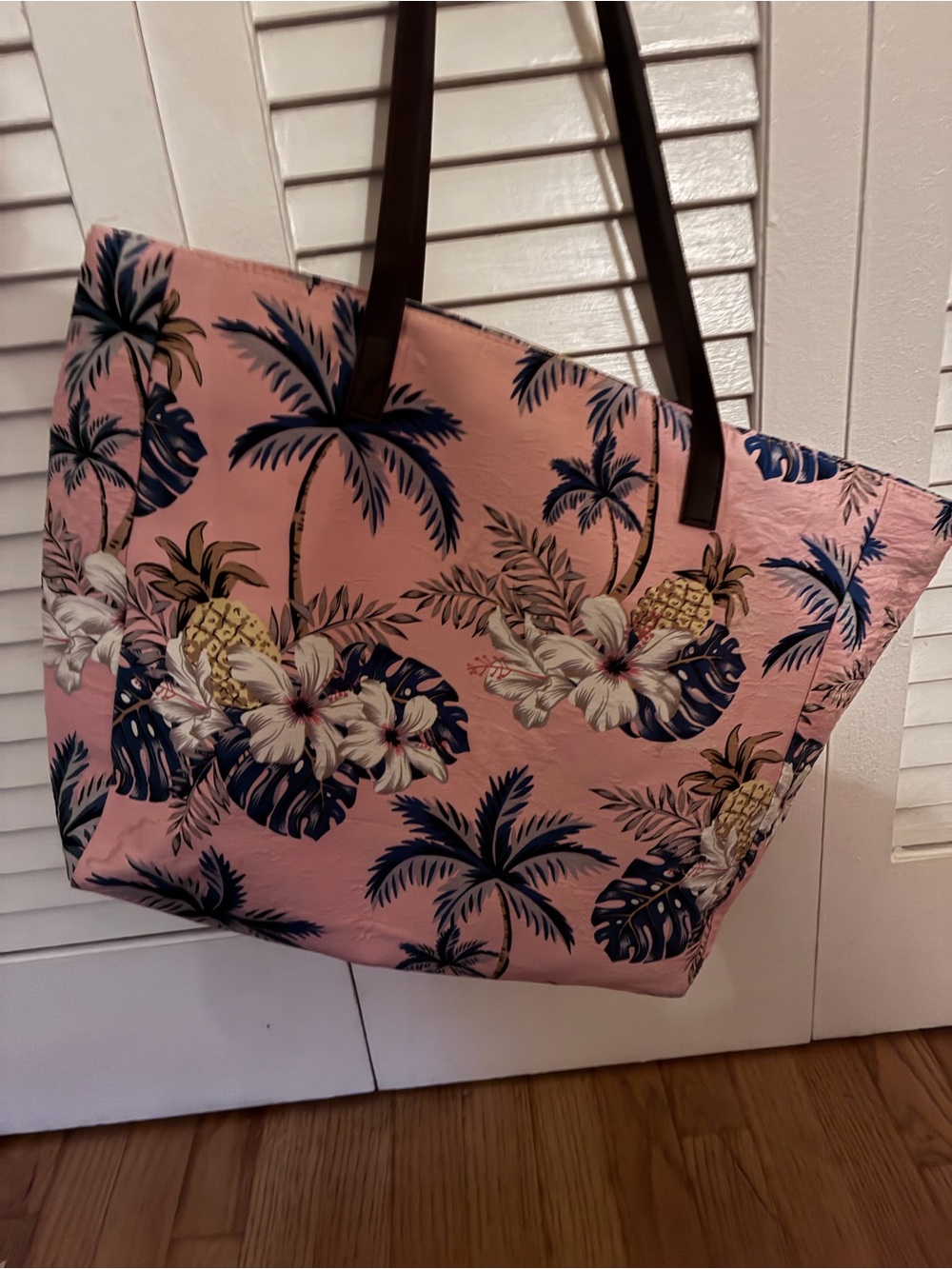 Tropical Floral Pink Tote Bag with Dark Handles